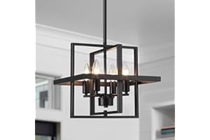 Yidelloc Black Pendant Light Kitchen Chandeliers 4 Light Farmhouse Fixture Rustic Cage Adjustable Height Square Foldable Ceiling Light for Dining Room Hallway Foyer Entryway Kitchen Island