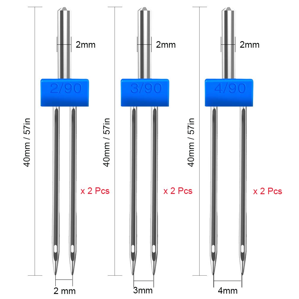 6Pack Twin Needle Double Needle with 2 PCS 9 Groove Pintuck Presser Foot 3 Size 2/90 3/90 4/90 by HOWRIN
