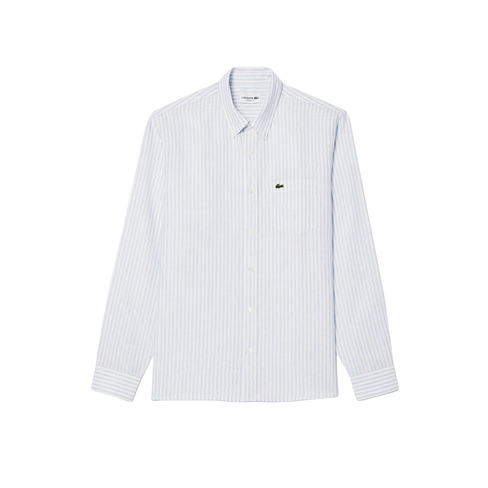 Lacoste Men’s Long Sleeve Regular Fit Linen Casual Button Down Shirt W/Front Pocket, Overview/White, S/M