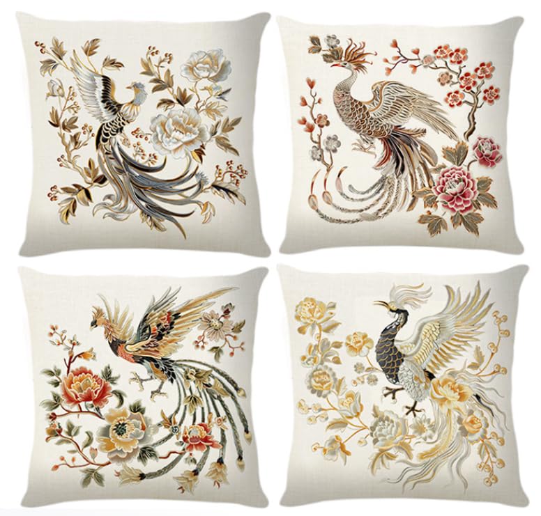 BAOKU Yellow Retro Style Flowers and Birds Print Decorative Cushion Covers,18x18 Inch Throw Pillow Covers Soft Pillowcases for Sofa Bed Home Garden Patio Decor Set of 4