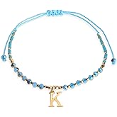 Agriajun Turquoise Gold Beaded Natural Stone Initial Bracelets for Women Teen, Boho Handmade Personalized Gemstone Beads Letter Name Braided Rope Adjustable Bracelet Beach Jewelry Gift