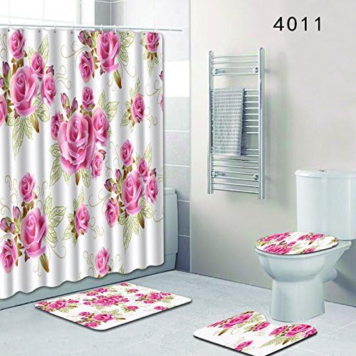 XZ Rugs Bathroom Curtains of 4, Shower Curtain + Bathroom Carpet + toilet cover carpet + contour Rug Anti Slip Washable Bathroom Accessories Abstract floral pattern,3,big