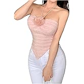 GORGLITTER Women's Floral 3D Flower Halter Top Sexy Backless Sleeveless Textured Asymmetrical Tops