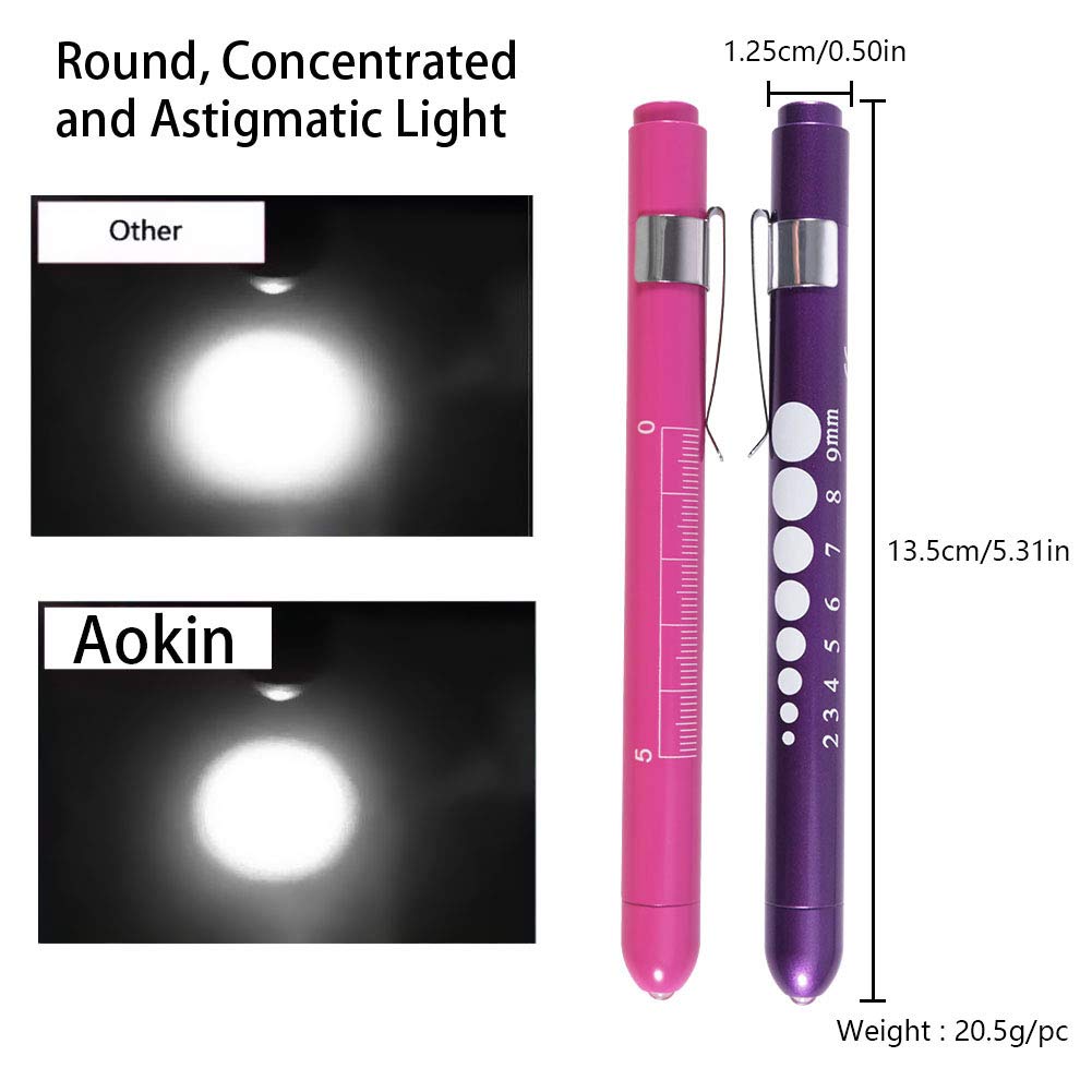Aokin Pen Light with Pupil Gauge, Reusable LED Penlight Medical for Doctor Nurse Diagnostic etc, White Light, Rose and Purple