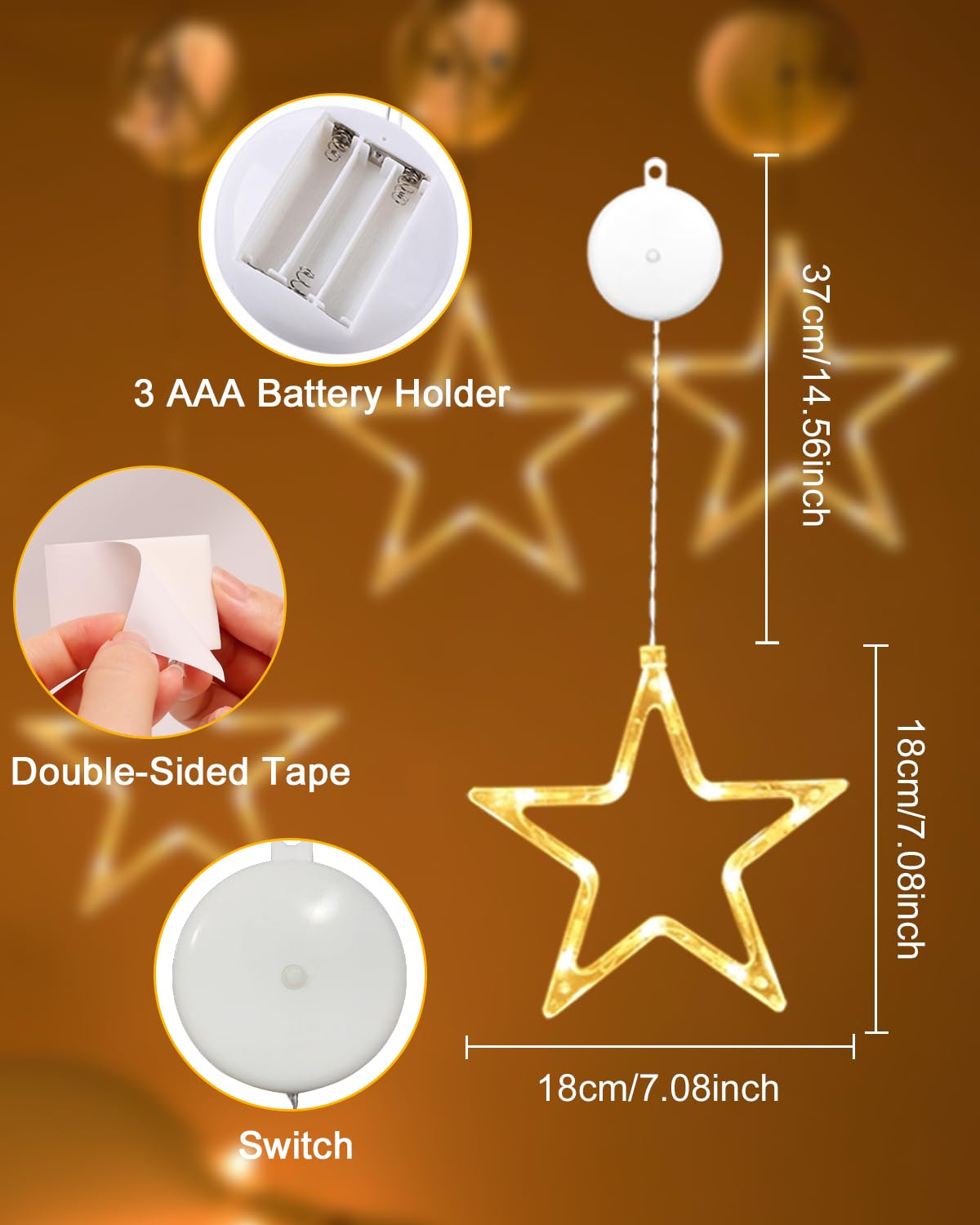 ONSTUY LED Stars Christmas Lights,3 Pack LED Christmas Window Lights,10 LEDs Christmas decorations with Timer for Window Decoration, Christmas Decoration, Balcony,Party,Wedding,Warm White, ON-WJX-3P