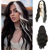 Dai Cloud Long Black Curly Wavy Wigs for Women with White Highlight Hair Wig Heat Resistant Synthetic Wig for Halloween Cosplay Use