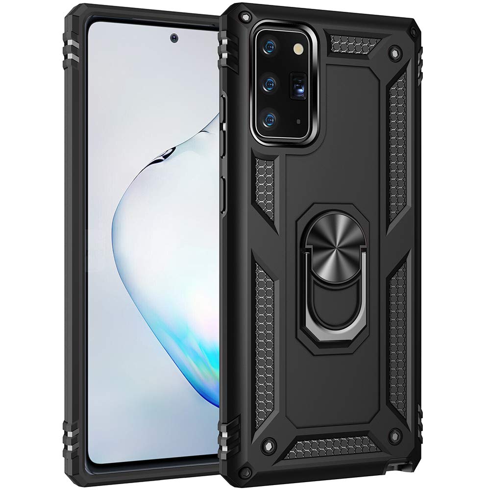 Dionsibei Military Grade Drop Impact Case for Samsung Galaxy Note 20 5G Phone, 360 Metal Rotating Ring Kickstand Holder, Armor Heavy Duty Shockproof, Black