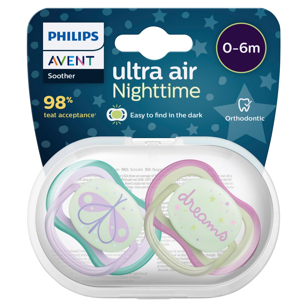 Philips Avent Ultra Air Night Pacifier 0-6 Months, Phosphorescent, 2 Pieces