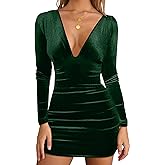 GOBLES Women's Sexy Velvet Long Sleeve V Neck Ruched Bodycon Mini Party Dress
