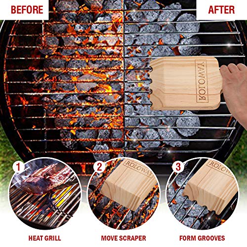 ROLOWAY Cedar Wood Grill Scraper, Wooden Grill Cleaner Scraper, Grill Brush Wood BBQ Scraper, Natural/Safe/Bristle-Free Wooden Barbecue Grill Grate Cleaner with Gift Box & 2 Basting Brushes