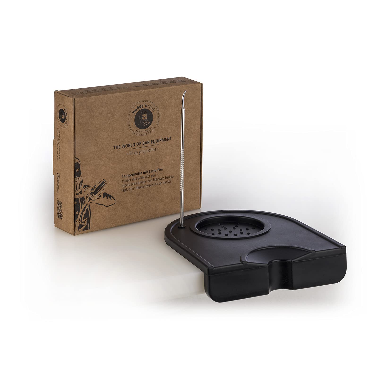 Buddy´s Bar - Barista Edition, Premium Tamper Station with Barista Pen, for All Tamper Sizes, Non-Slip Tamper Mat, 12.6 cm x 14 cm, Height: 3.5 cm, Pressing Station for Espresso Filter Holder, Black