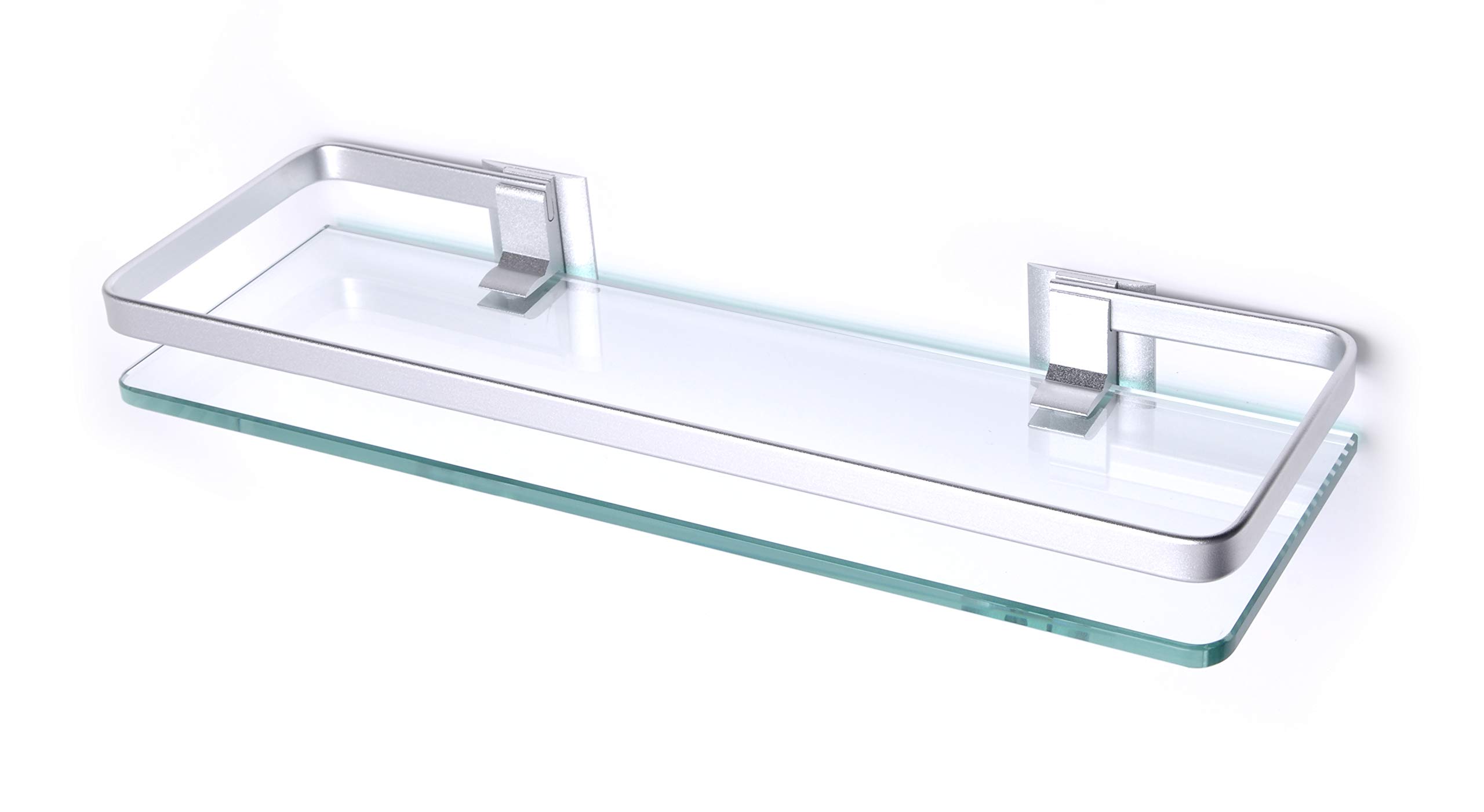 BSM Marketing Rectangular 8mm Toughened Glass Shelf 380mm x 120mm (15”x5” approx) With Aluminium Rail And Wall Brackets Bathroom Bedroom Kitchen Office