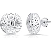 Hoops & Loops 925 Sterling Silver Vintage Round Filigree Stud Earrings for Women, Silver, Yellow Gold & Rose Gold