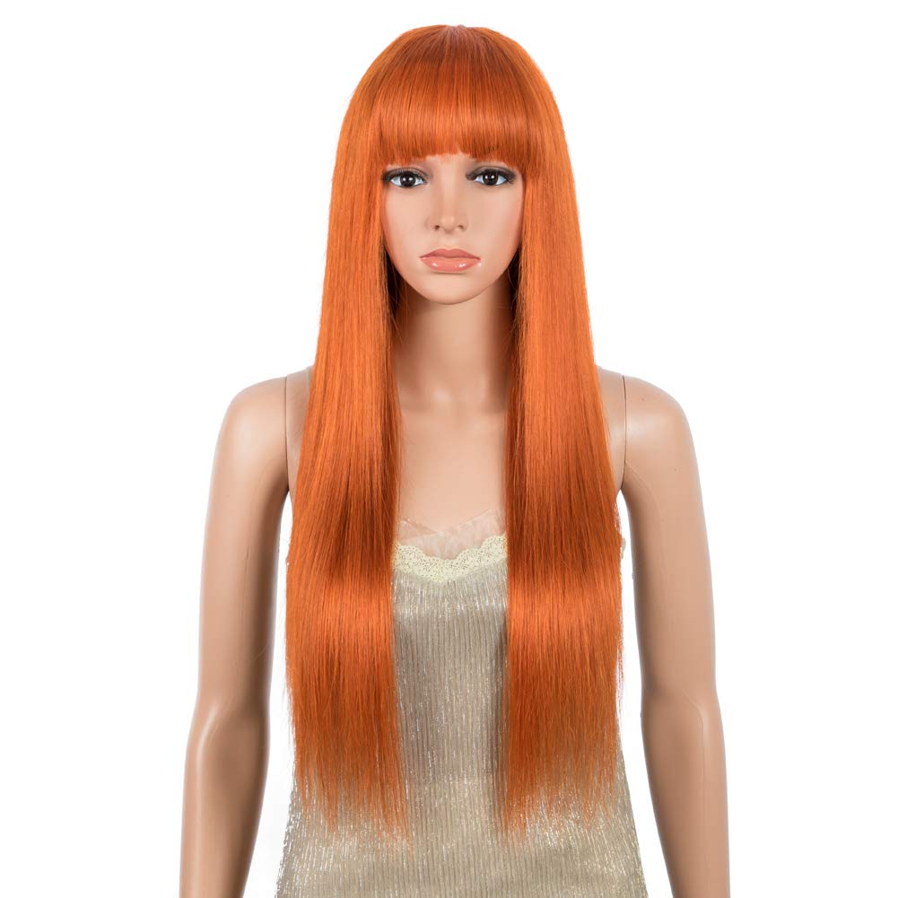 DÉBUT Human Hair Wigs for Black Women Straight Wigs with Bangs 10A Unprocessed Brazilian Virgin Remy Hair 150% Density (24 Inch, S ORANGE)