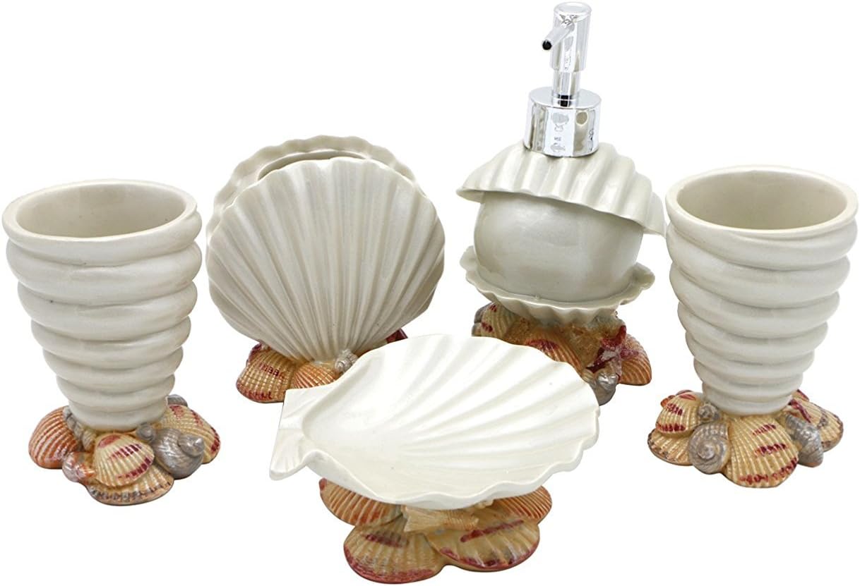 Amazon Com Jynxos Resin 5 Pieces Bathroom Accessory Set Conch And Seashell Design Ensemble Bathroom Vanities Home Decor Home Kitchen