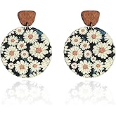 QLUYCKW Floral Wooden Earrings Draw Boho Daisy Sunflower Statement Dangly Drop Earrings for Women Trendy Plant Earrings Valentines Day Gifts