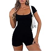 WDIRARA Women's Square Neck Short Sleeve Romper Unitards Bodycon Shorts Jumpsuit