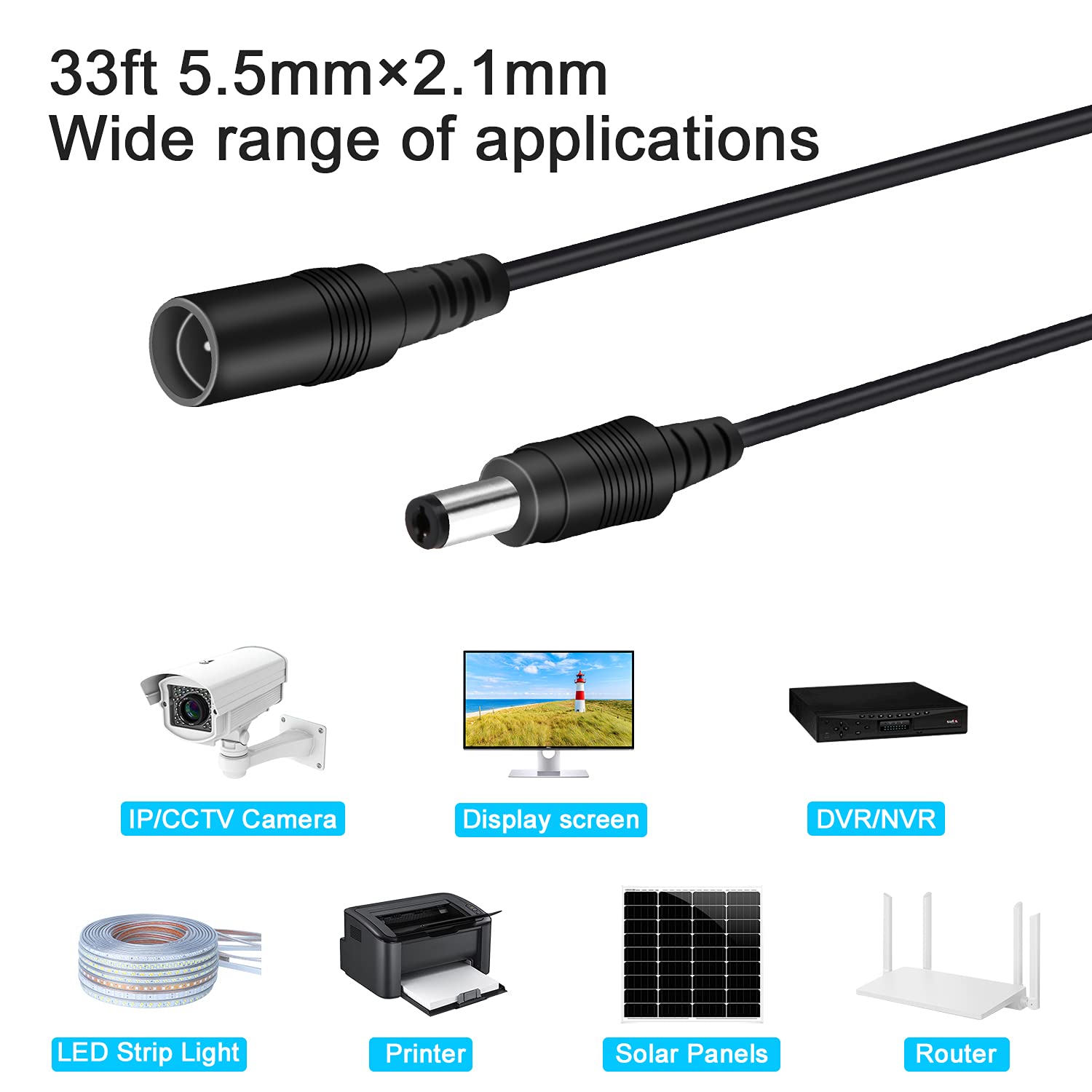DC Power Extension Cable 33ft 2.1mm x 5.5mm Compatible with 12V DC Adapter Cord for CCTV Security Camera IP Camera Standalone DVR (5.5mm DC Plug 33ft Black)