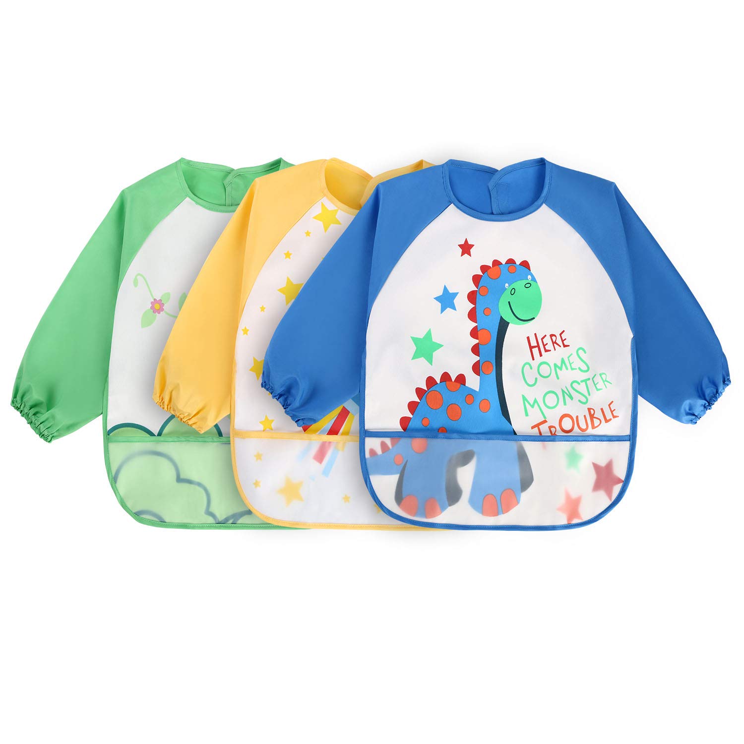 Vicloon Sleeve Bibs,Set of 3 Waterproof Long Sleeve Baby Bib for Kids Feeding Arts Craft Painting Apron Front Pocket Children 24months