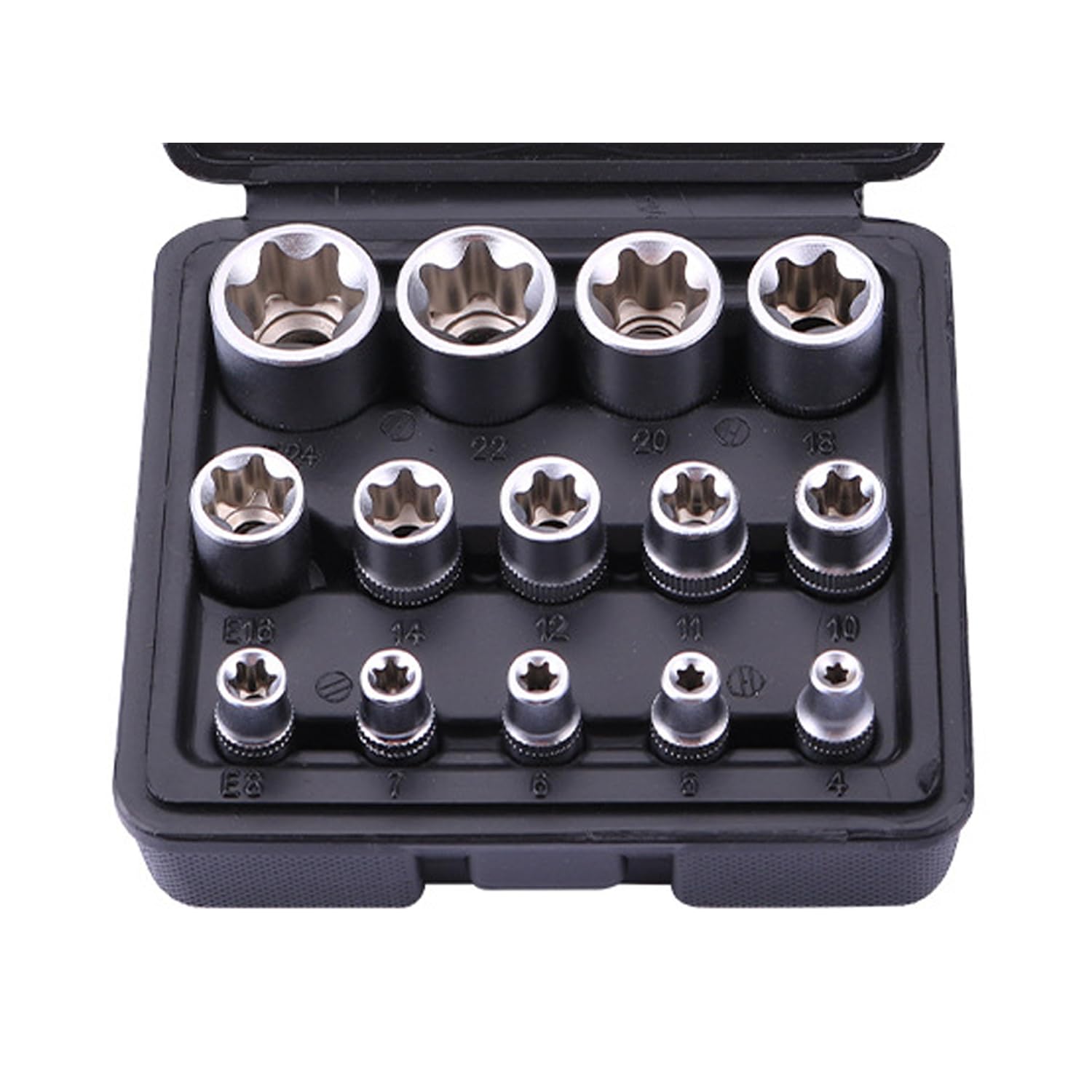 Hniuyun 14Pcs Female E-Torx Star Socket Set, 1/4, 3/8, 1/2 in Drive, E4 - E24 External Torque Socket Tool Kit with Black Case