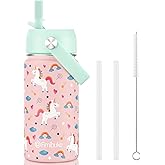 Fimibuke Kids Insulated Water Bottle, 14oz BPA FREE 18/8 Stainless Steel Travel Tumbler Double Wall Vacuum Leak Proof Kids Cup with Straw Metal Water Bottle for School Boys Girls(1 Pack, UNICORN)