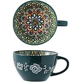 JINNTHE Bohemian Hand-Painted Ceramic Mug, 15 Oz Large Coffee Cup for Milk, Tea, and Breakfast, Dishwasher & Microwave Safe Artisan Cup, Green-J