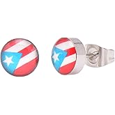 Stainless Steel Puerto Rico Flag Button Stud Earrings