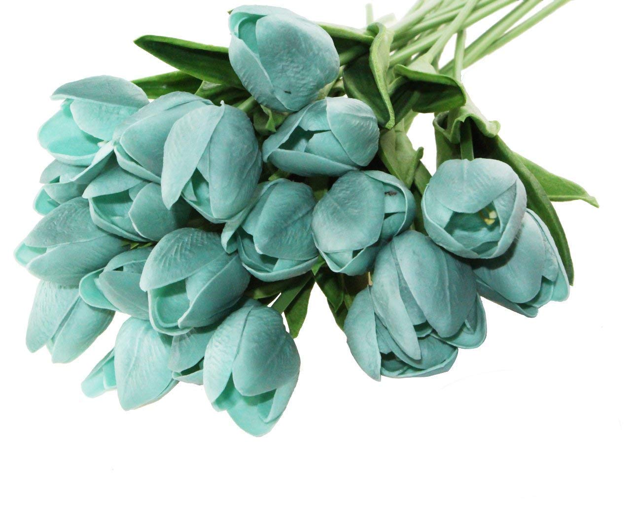 Winterworm PU Latex Real Touch Artificial Mini Cute PU Tulip Flower Wedding Bridal's Bouquets Wedding Home Table Decoration (Blue Green)