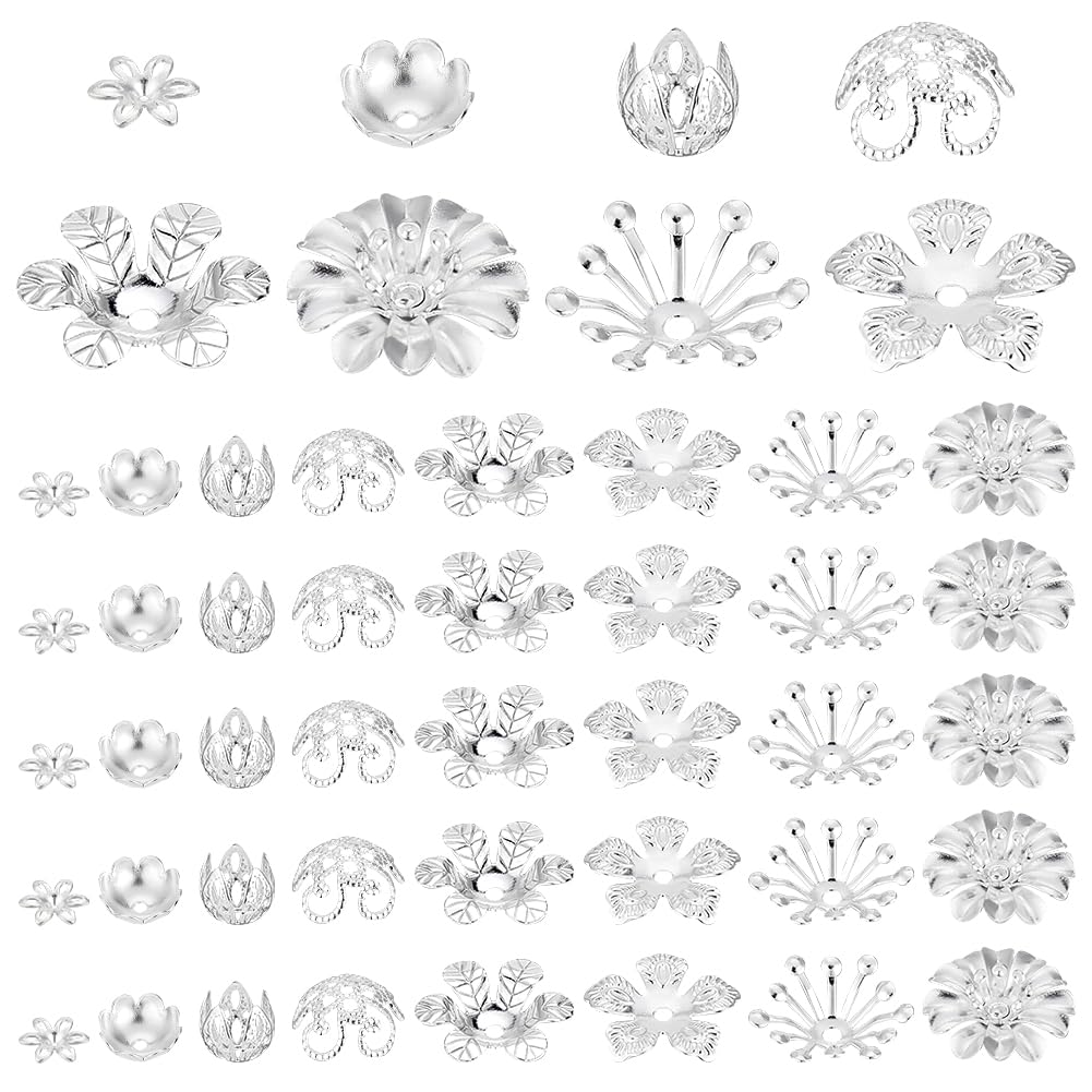PH PandaHall 48Pcs 8 Styles Beads Silver Muiti Petal Flower Beads Round Filigree Flower Cup Shape Bead Loose Spacer Beadss for Earring Bracelet Necklace DIY Crafts Jewellery Making