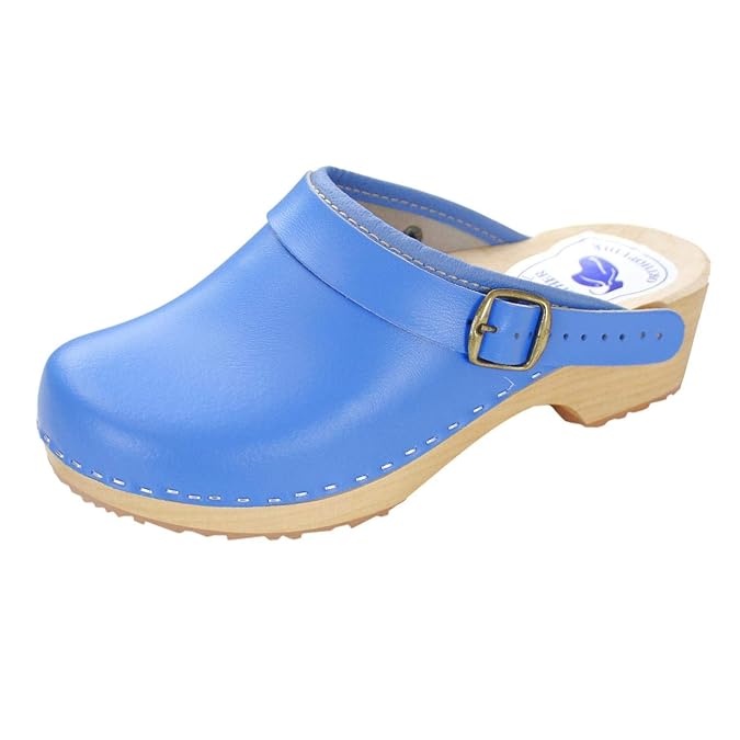 Forfus Damen Holzclogs Leder Pantoletten Geschlossen