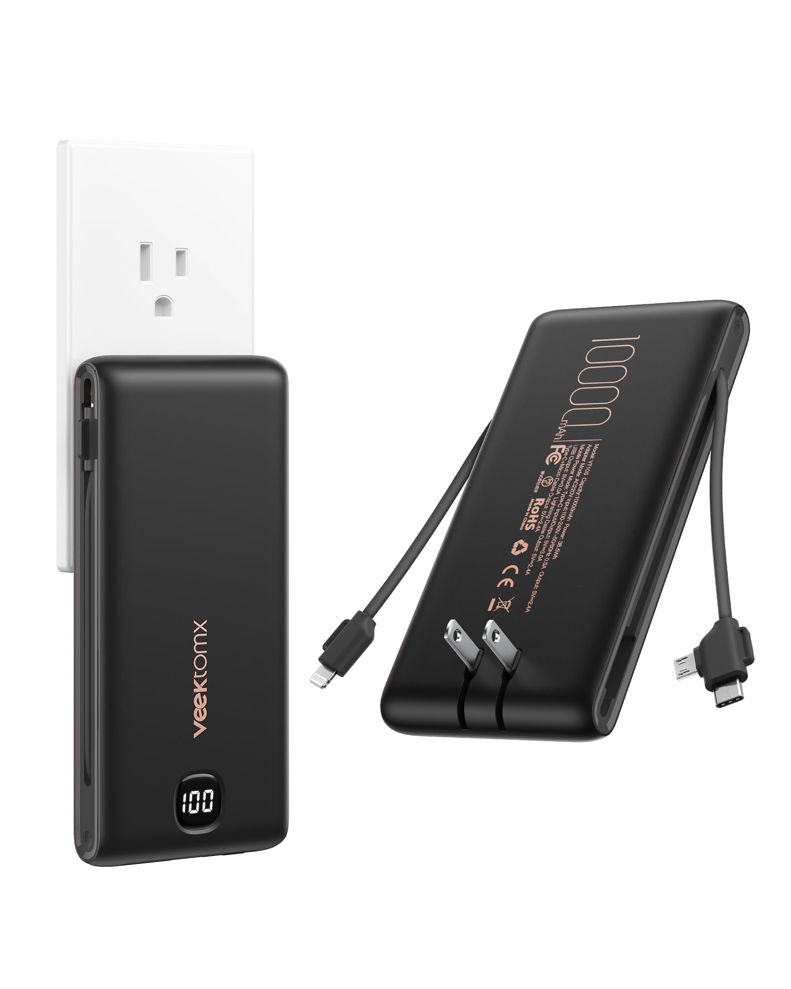 VEEKTOMX Portable Charger with Built in Cables 10000mAh, Power Bank for iPhone with AC Wall Plug, Fast Charging USB C Slim Battery Pack with LED Display Compatible with iPhone 17/16/15/14, Samsung