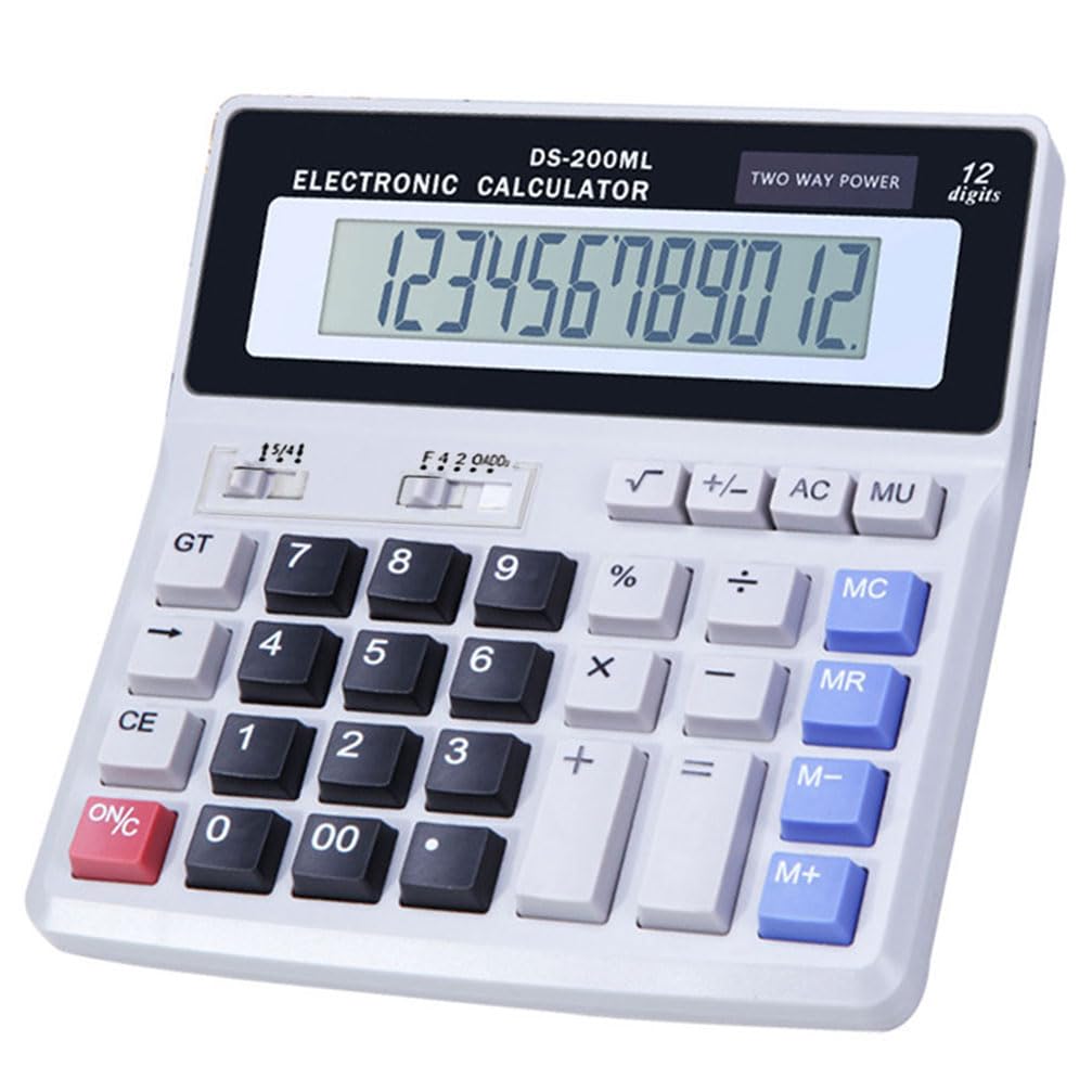 Desk Calculator Large 12 Digit Display, Dual Power Basic Calculator Desktop, Big Button for Office, Business, Home and School (Grey).