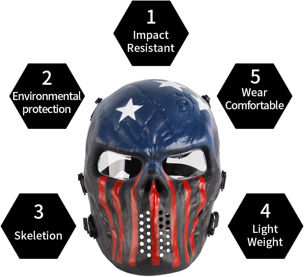 Anyoupin Paintball Mask, Skull Skeleton Full Face Airsoft Mask with Clear Lens Army Fans Supplies M06 Tactical Mask for Halloween Paintball BB Gun CS Game Cosplay and Masquerade Party (Captain) : Sports & Outdoors