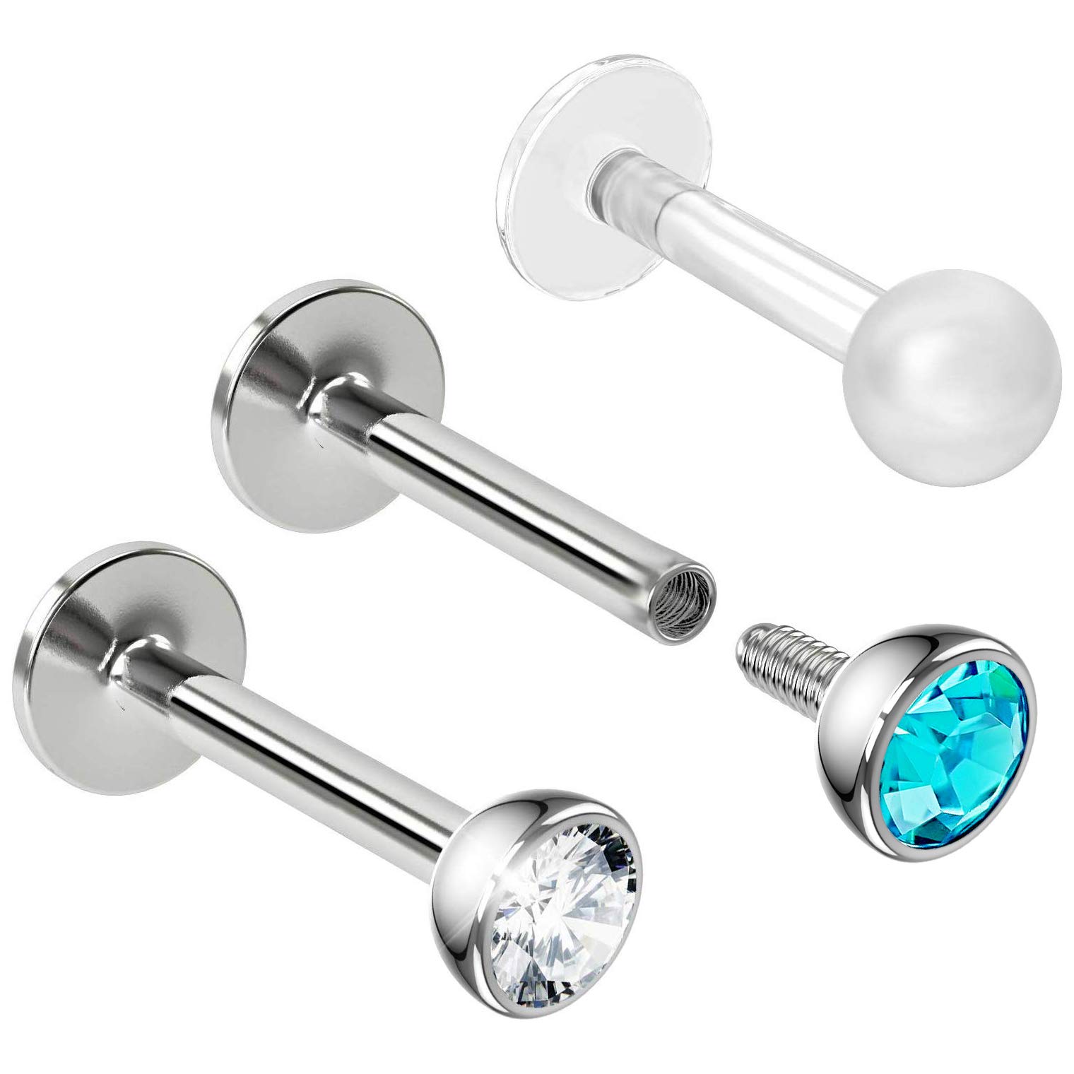 Bling Piercing 2pc 16g 1.2mm 8mm Labret Bar Stud Lip Ring 3mm Aquamarine CZ Snake Bite Marilyn Monroe 8mm + Clear Retainer Keeper