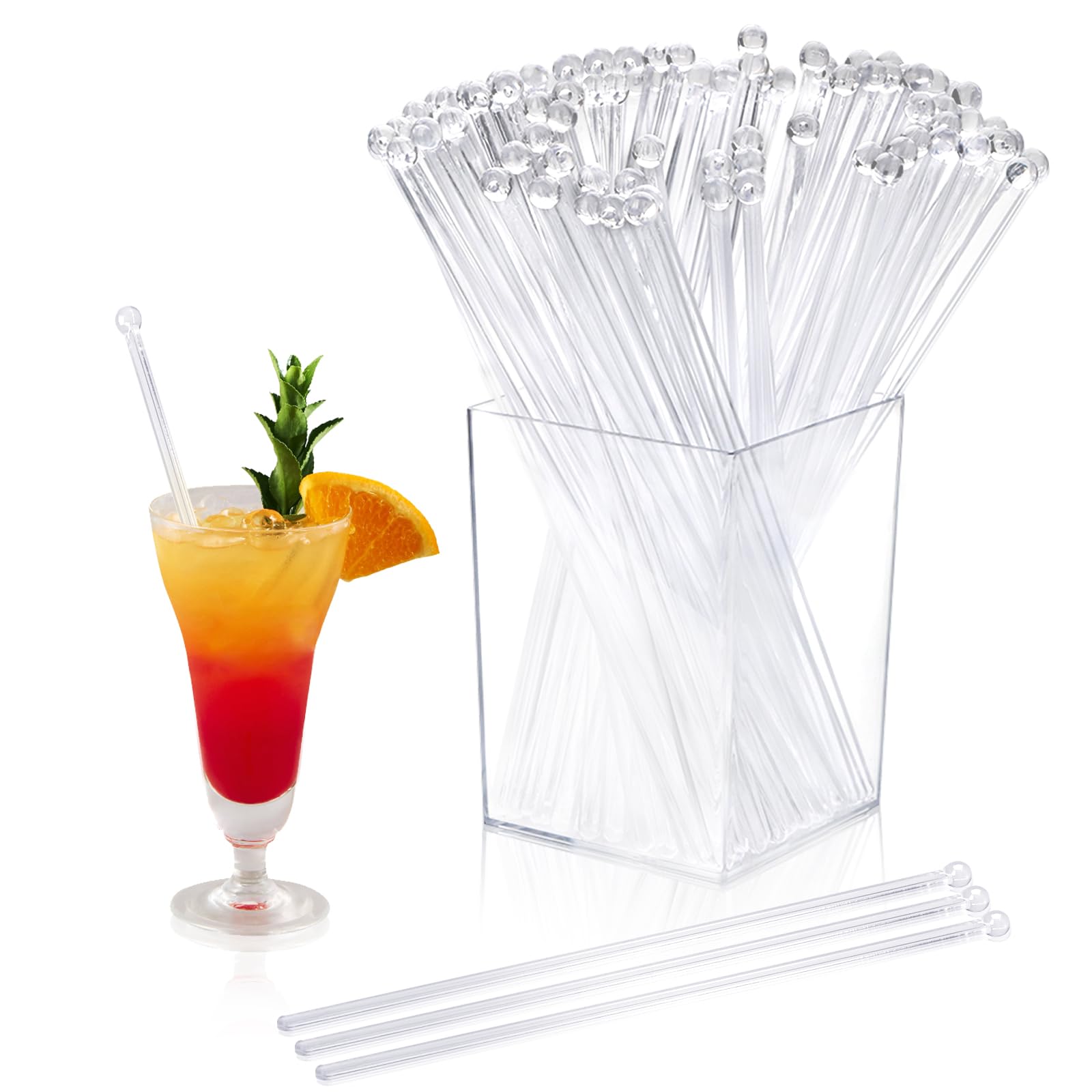 Photo 1 of 101 Pcs Swizzle Stir Sticks for Cocktails 7 Inch Coffee Stick Holder Clear Crystal Coffee Stirrers Crystal Reusable Swizzle Sticks for Stirrers Holder Round Acrylic Drink Coffee Party Supplies