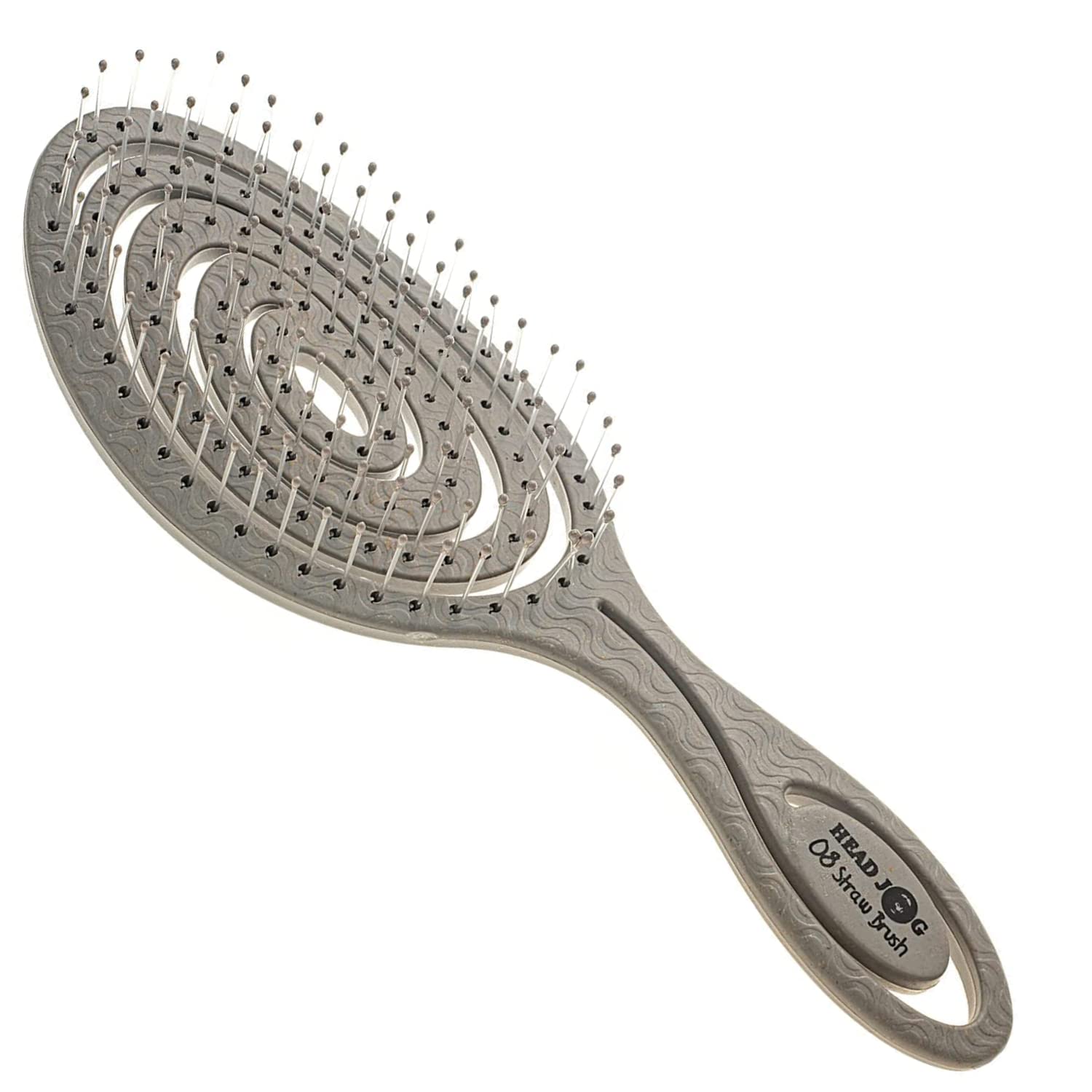 Head Jog 08 Paddle Brush Flexible Soft Pin Bristles, Detangling Wet or Dry Hair - Gentle Brushing Straw Brush - Monochrome Collection Silver