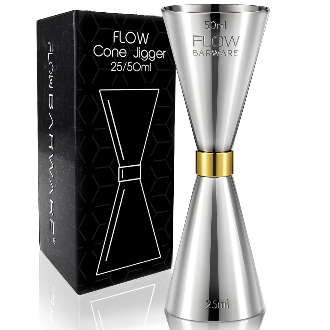 FLOW Barware Cone Spirit Measure, 10-in-1 Jigger | Shot Measure 25ml and 50ml with Inner Measurements for Cocktail, Whiskey, Alcohol Measure | Drinks Measures for Spirits