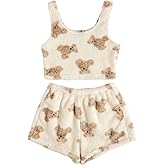 SHENHE Women's Fuzzy Pajamas Bear Print Puffy Tank and Shorts 2 Piece Cute Pajama Set