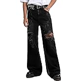 COOLMONAR Men's Baggy Jeans Ripped Black Wide Leg Distressed Destroyed Jean Denim Pants