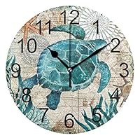 LUCASE LEMON ALEX Blue Sea Turtle Nautical Map Vintage Round Acrylic Wall Clock Non Ticking Silent Clocks for Home Decor Living Room Kitchen Bedroom Office School