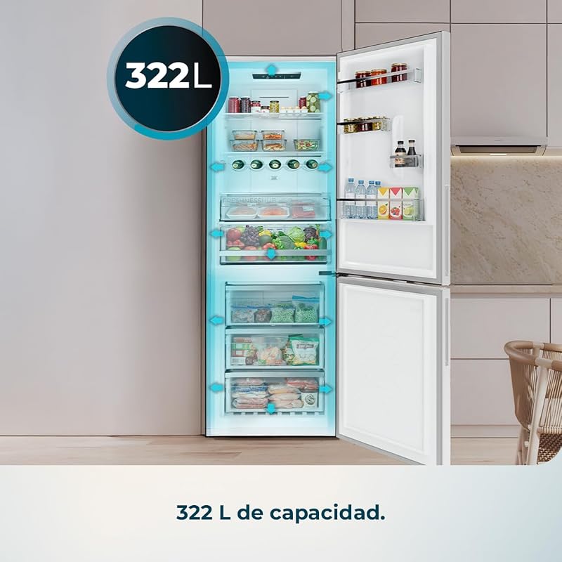 Bolero CoolMarket Combi 322i Dark D Combi Frigorífico 322L. 185,5cm de altura, 59,5cm de largura, Tecnologia Multi Airflow, HumidityFlex HUB, interior LED