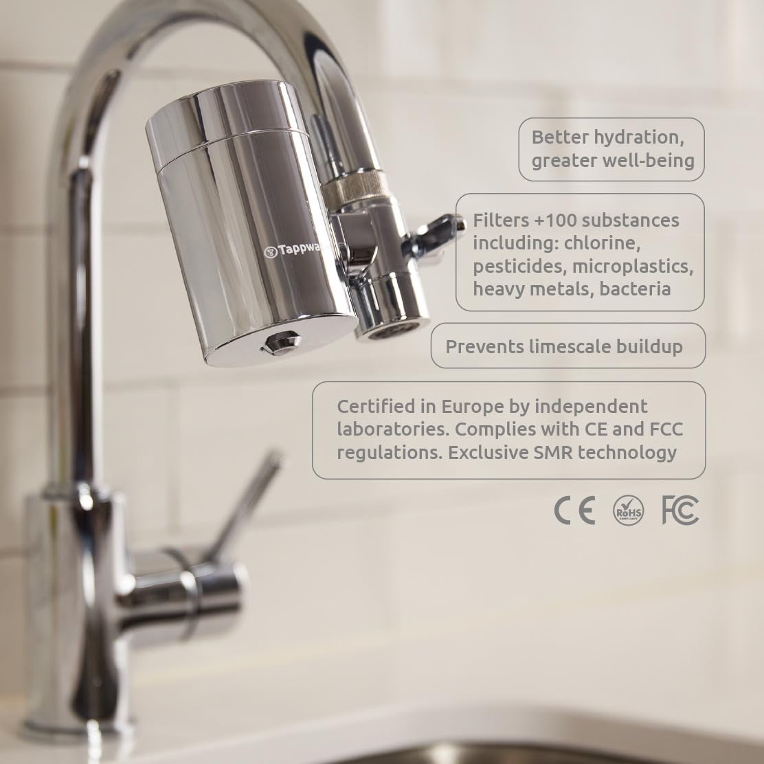 Tappwater EcoPro SMR-Wasserfilter Wasserhahn mit 6 Stufen und Swedish Mineral Rock. Filtert +100 Stoffe und fügt Mineralien für reines, gesundes Wasser hinzu. Wasserreiniger mit exklusiver Technologie 7
