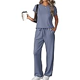 ATHMILE Two Piece Sets for Women Casual Summer Travel Outfits Cap Sleeve Vacation Cap Sleeve Wide Leg Pants Lounge Set