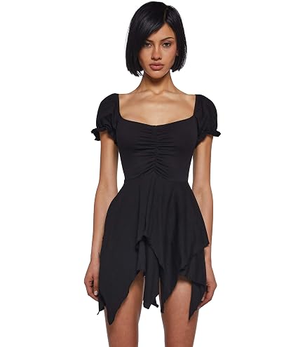 echo asymmetrical mesh wrap dress Gothic Cold Shoulder Puff Sleeves Plaid Print Lace Up Patchwork A Line   Rgothic