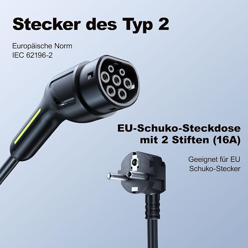 Ladekabel Typ 2, 3.68KW /5M Ladekabel Elektroauto, 16A EV Ladegerät, Typ 2 für Elektrofahrzeuge mit Einphasigem EU-Schuko, IP65 Kompatibel mit Model Y/3, XC60, ID.3, ID.4