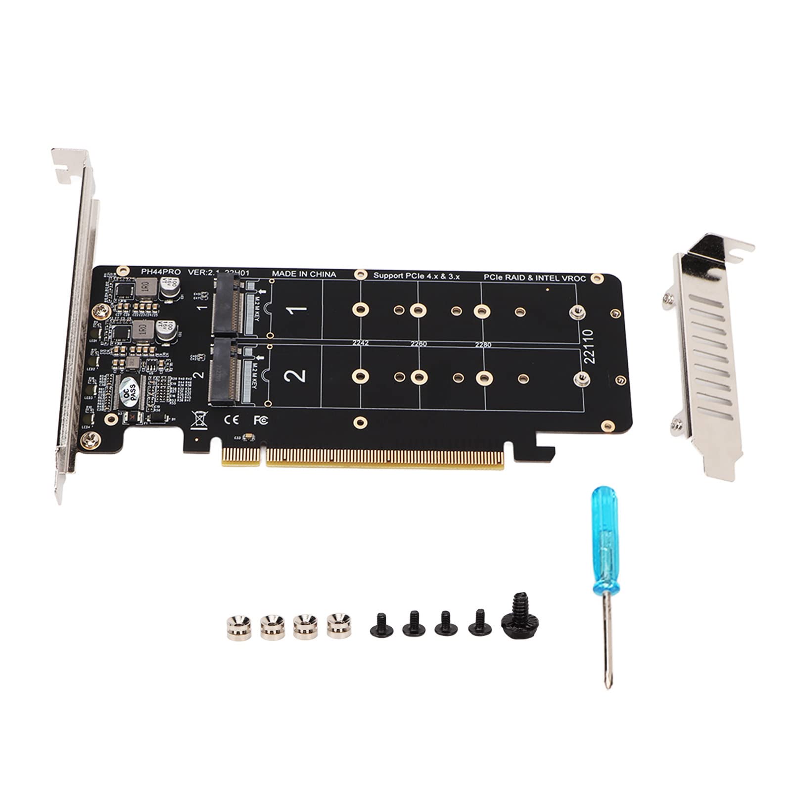 Annadue PCIE X16 to M.2 M KEY Expansion Card, 4x32Gbps PH44PRO PCIeX16 to M.2 M-Key NVMEx4 SSD 2U Server RAID Array Expansion Card with LED Indicator.