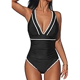 CUPSHE Women's One Piece Swimsuit V Neck Shell Stitched Bathing Suit Adjustable Crisscross Strappy Ruched Swimwear