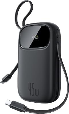 Powerbank 45W 20000mAh con 2 Cavi USB-C Integrati, Ricarica Rapida Power Bank PD3,0 QC4,0, 3 C 1 A, Caricatore Portatile per iPhone 16/15/14 Pro Max, iPad, Samsung, Nero