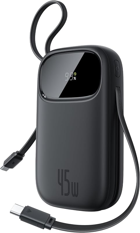 Powerbank 45W 20000mAh con 2 Cavi USB-C Integrati, Ricarica Rapida Power Bank PD3,0 QC4,0, 3 C 1 A, Caricatore Portatile per iPhone 16/15/14 Pro Max, iPad, Samsung, Nero