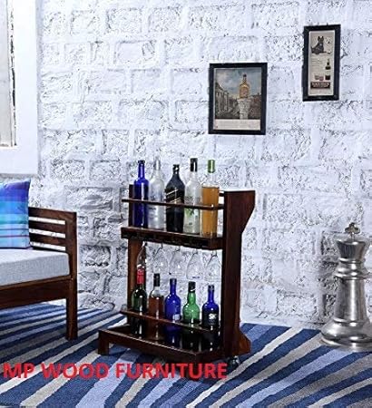 MP WOOD FURNITURE Sheesham Solid Wood Bar Trolley in Provincial Teak Finis